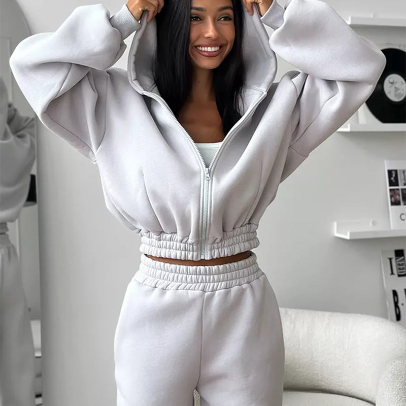 Damen Taillierter Zip-Overall im Loungewear-Stil mit Kapuze, Balloonärmeln und hoher Bundkante EB
