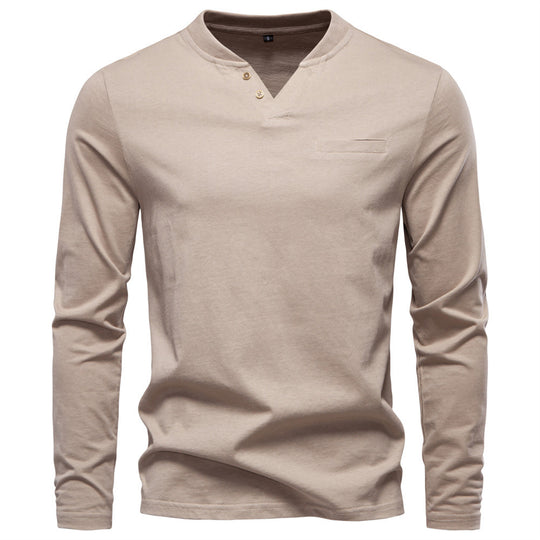 Herren nan tailliertes Langarmshirt im Henley-Stil mit kurzem V-Ausschnitt, Zierknöpfen und Brustleistentasche EB