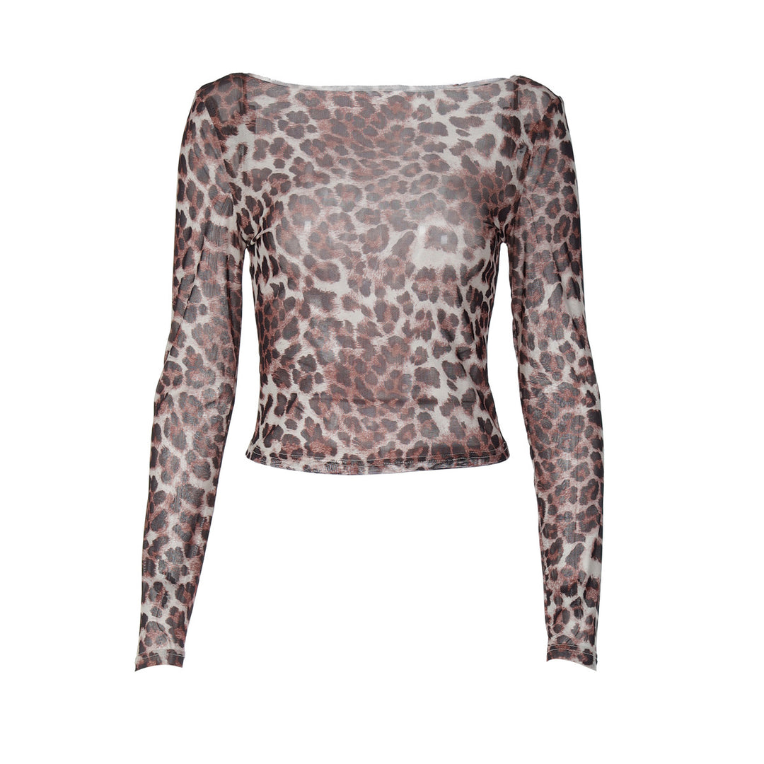 Damen Transparente Langarmbluse mit Leopardenmuster EB
