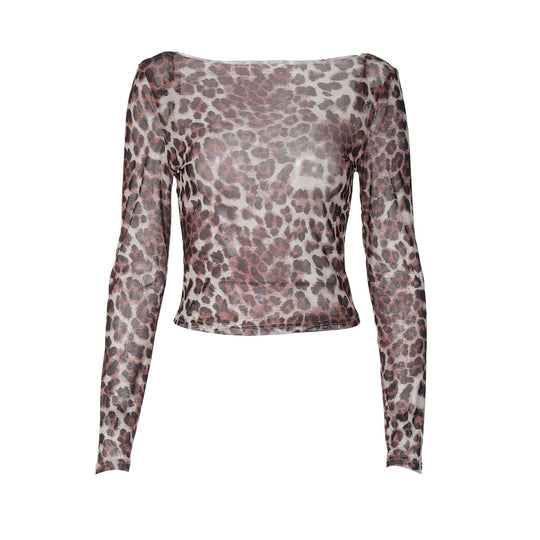 Damen Transparente Langarmbluse mit Leopardenmuster EB