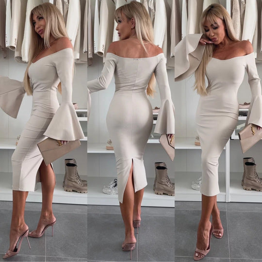 Damen Wickelkleid mit schulterfreiem Design und eleganten Trompetenärmeln EB