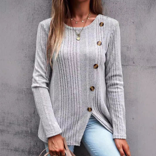 Damen Langärmliges Strickoberteil mit strukturierten Rippen und Knopfdetails EB