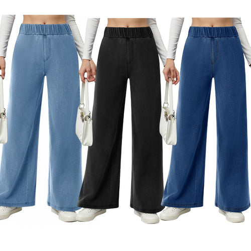 Damen weite Jeanshose mit Elastikbund und seitlichen Taschen EB