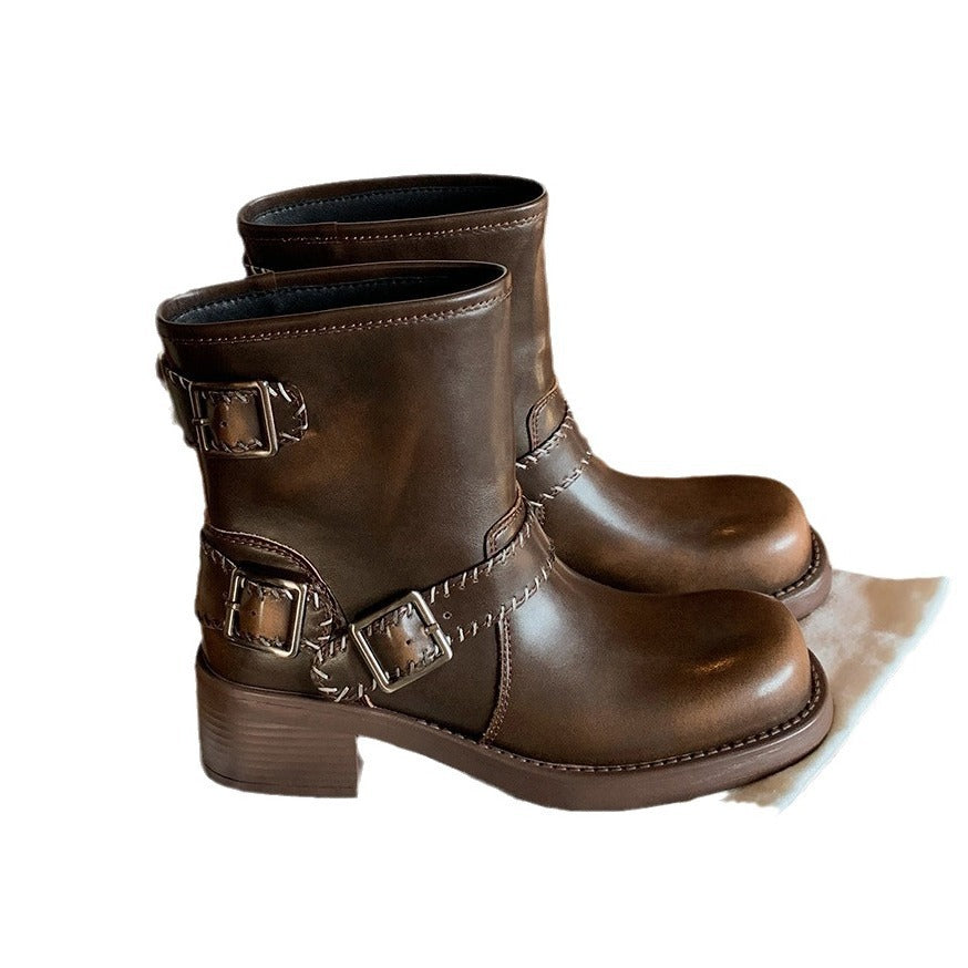 Damen Western-Stiefel mit elegantem Riemendesign und robustem Blockabsatz EB