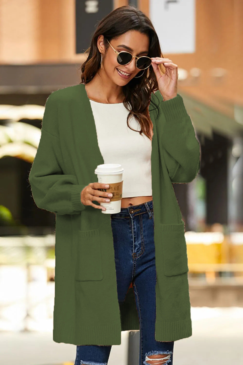 Damen Grobstrick-Kimono-Cardigan mit offenen Ärmeln und praktischen Taschen EB