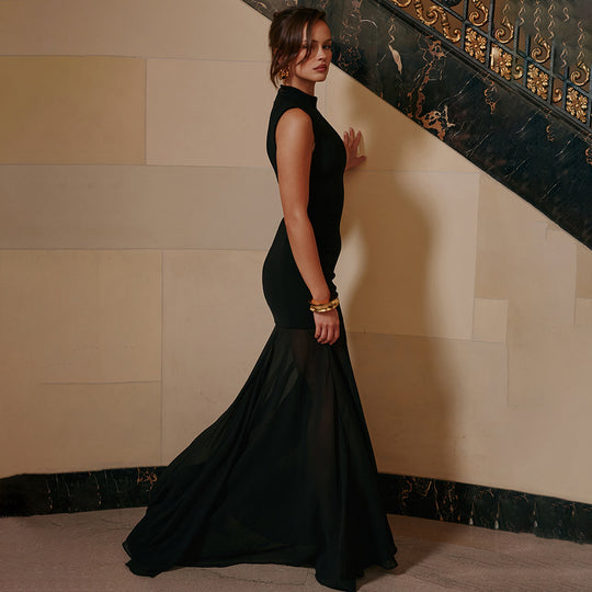 Damen Elegantes Maxikleid mit tiefem V-Ausschnitt und transparenter Tüllschicht EB