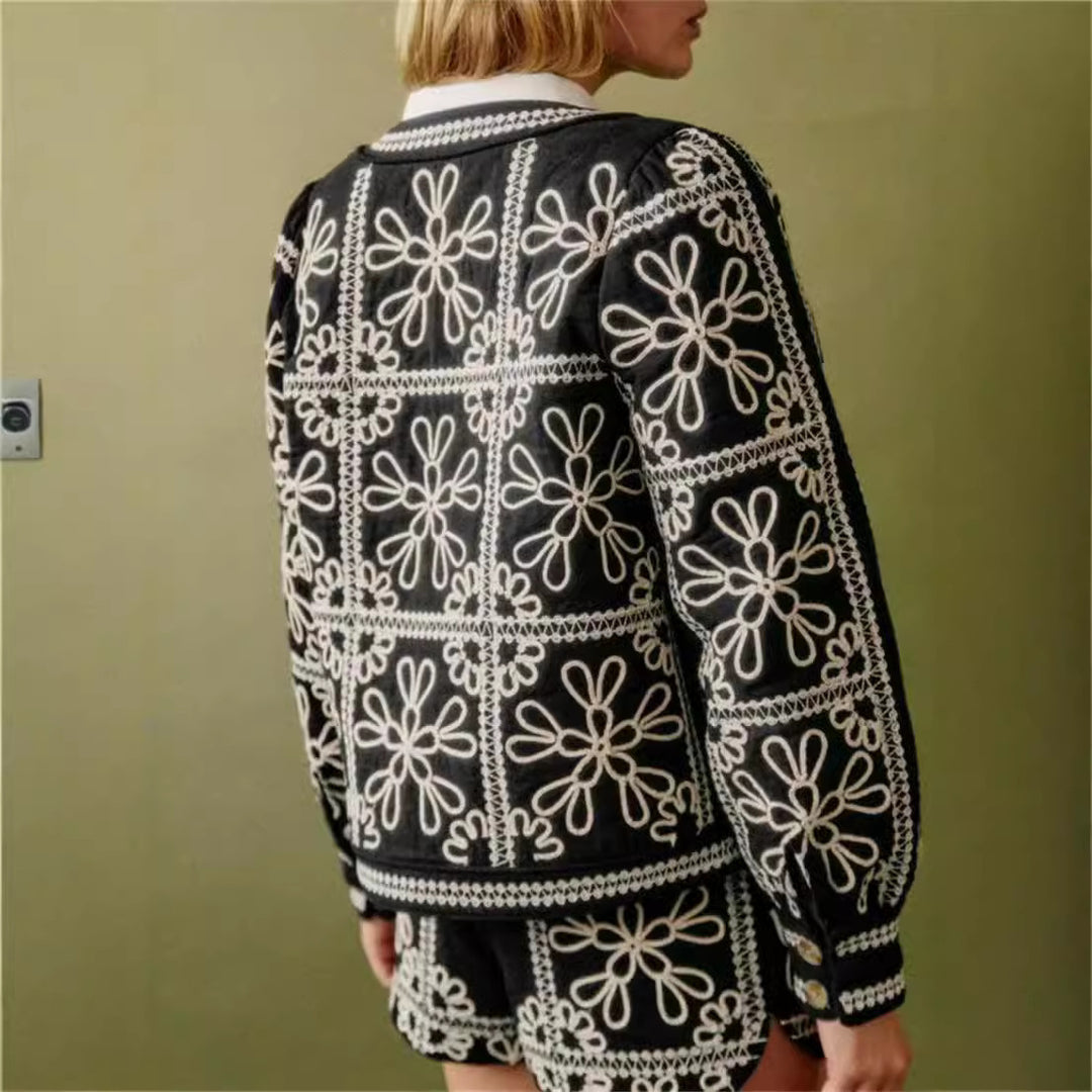 Damen gestickte Blumenjacke mit Volumenärmeln EB