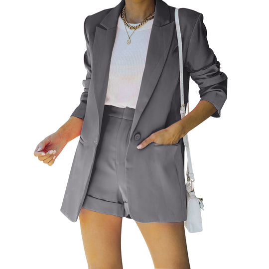 Damen nan figurbetontes Longblazer- und High-Waist-Shorts-Set mit überschnittenen Schultern und aufgesetzten Taschen EB