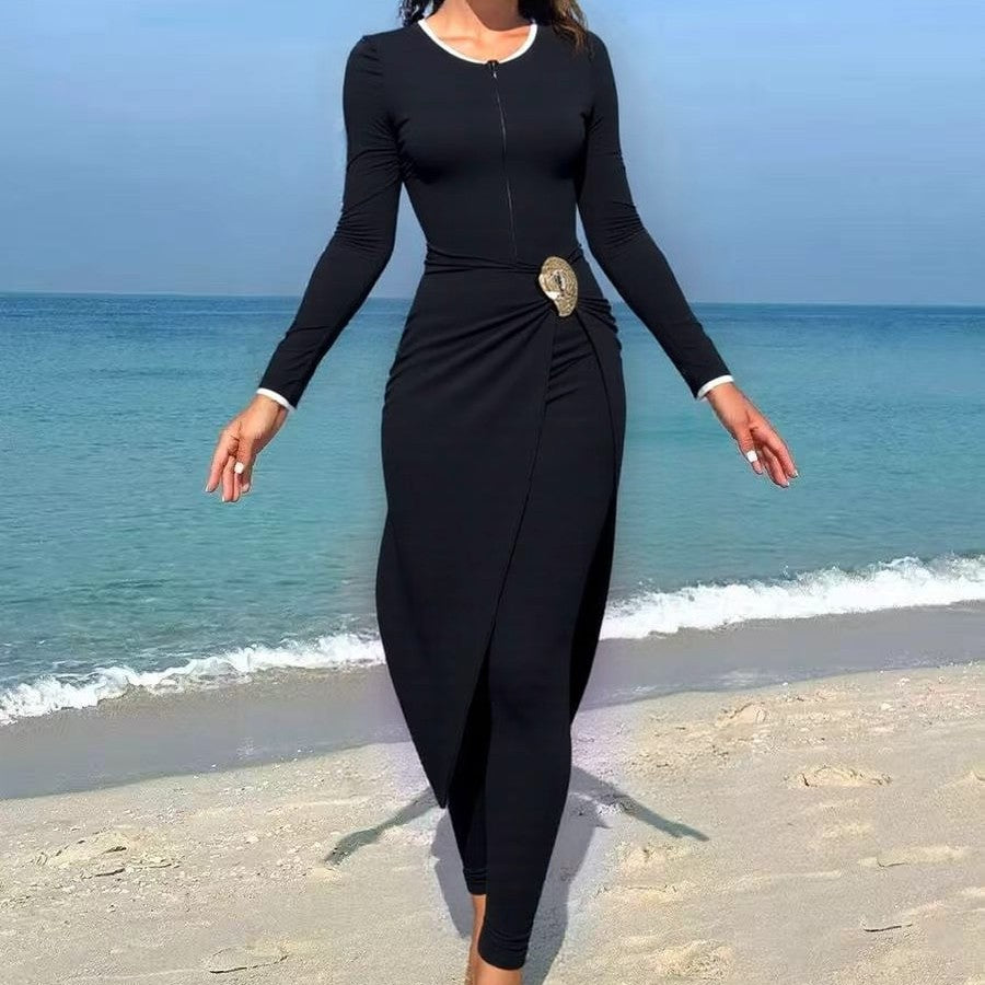 Damen modisches Wickelkleid mit elegantem Gürtel EB