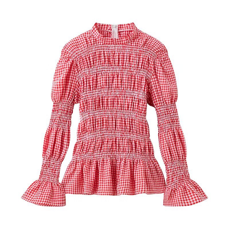 Damen Rüschenbluse mit Gingham-Muster und eleganten Puffärmeln EB
