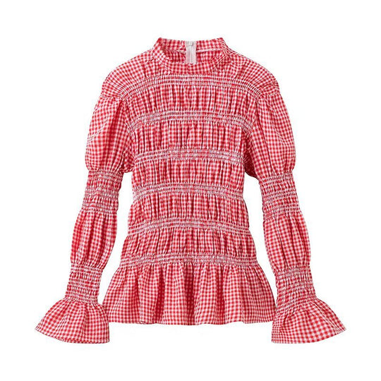 Damen Rüschenbluse mit Gingham-Muster und eleganten Puffärmeln EB