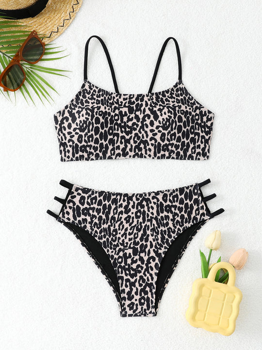 Damen Leopardenmuster Bikini-Set mit sportlichen Details EB