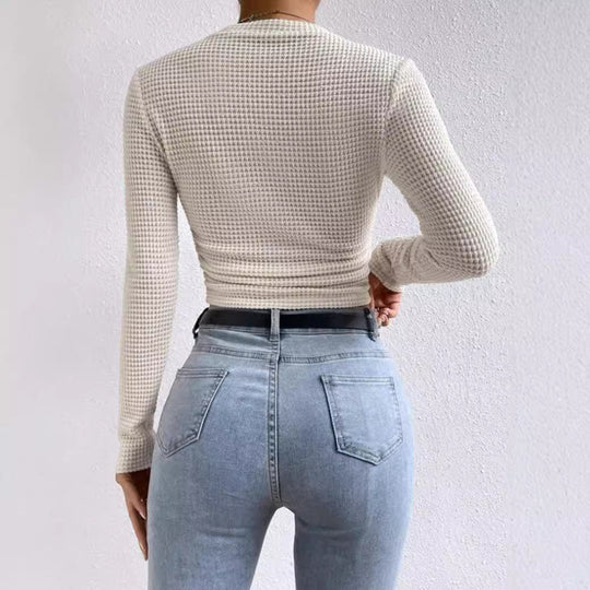 EB | Langarm T Shirt Slim Passform Weicher Strukturstrick Rüschentasche Kurzes Modell