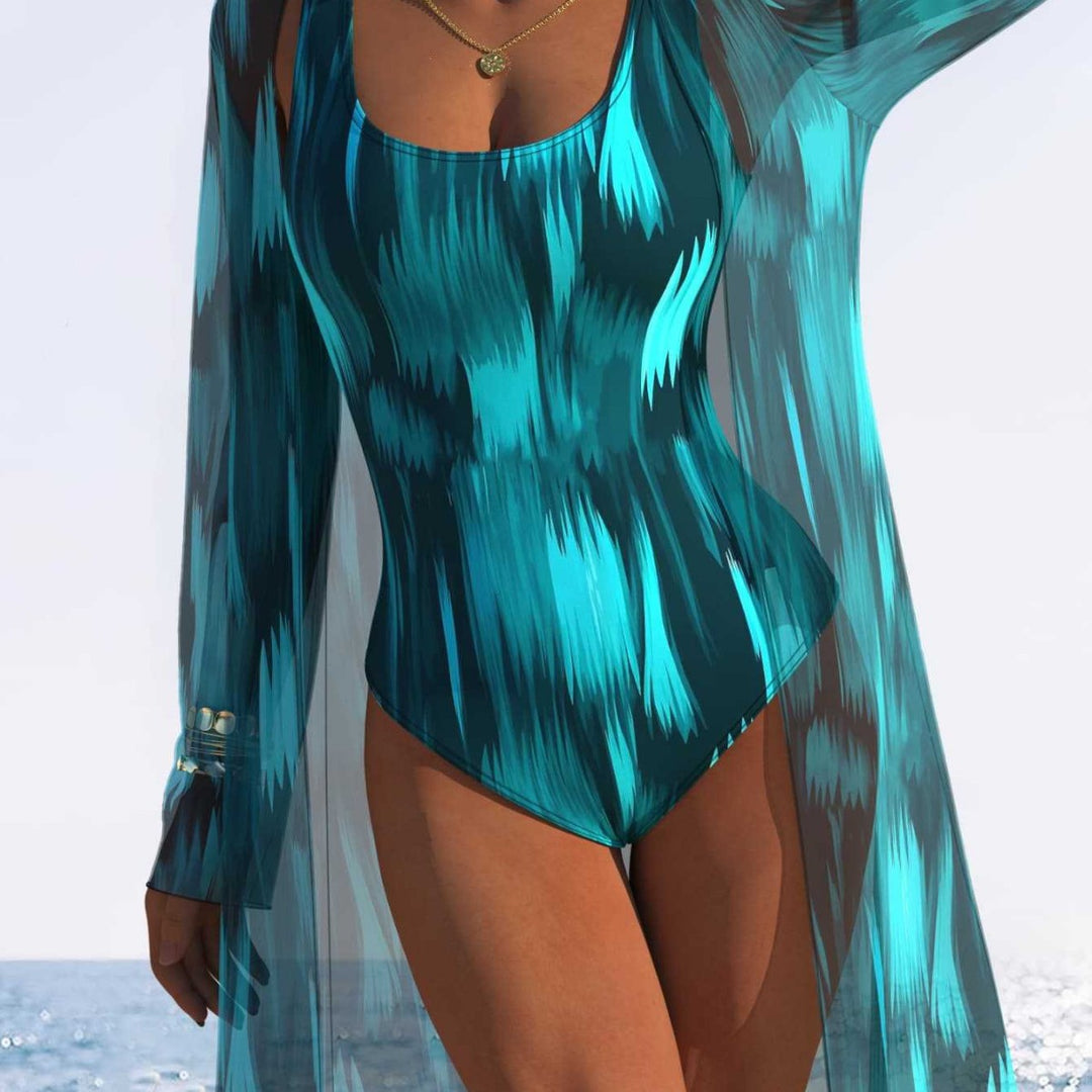 Damen Einteiliger Schwimmanzug mit transparentem Überwurf und modernem Wellenmuster EB