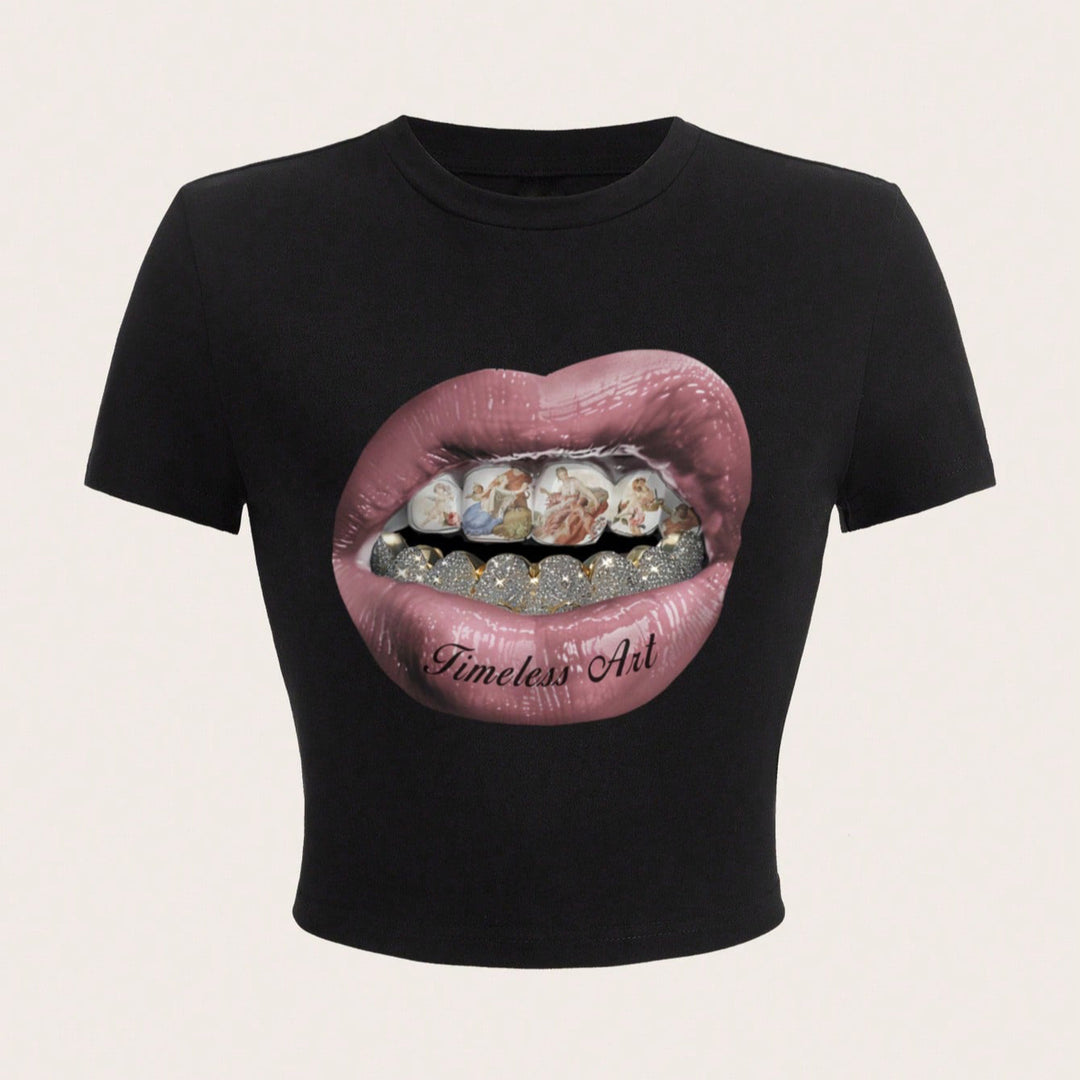 Damen Crop-T-Shirt mit kreativem Grafikdesign und einzigartigem Statement EB