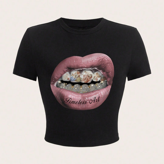 Damen Crop-T-Shirt mit kreativem Grafikdesign und einzigartigem Statement EB