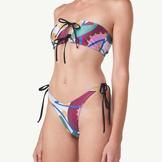 Damen Bandeau-Bikini mit verspieltem Muster und Bindebändern EB