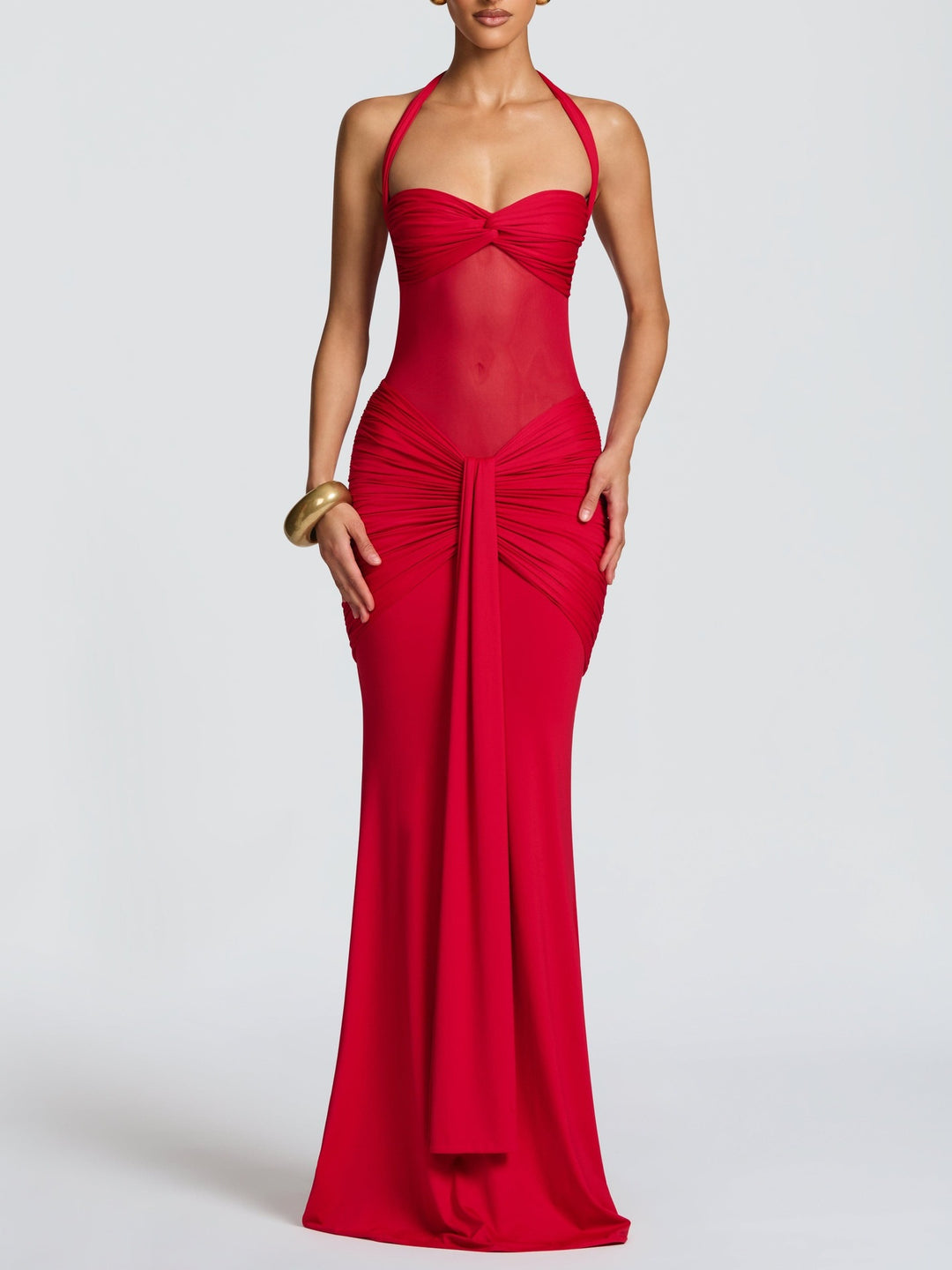 Damen Elegantes Maxikleid mit Raffhalterung und figurformenden Details EB