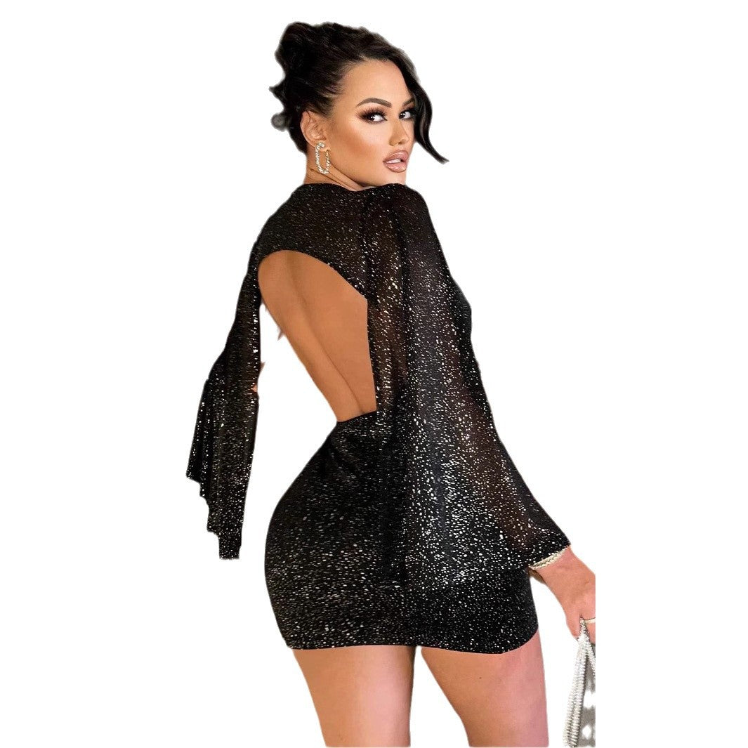 Damen Glamouröses Minikleid mit tiefem Rückenausschnitt und schimmernden Ärmeln EB