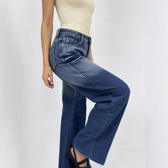 Damen weite hochgeschnittene Jeans mit besonderem Waschungseffekt EB