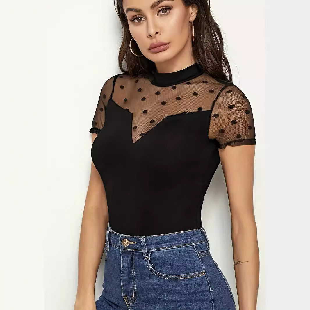 Damen Bodysuit mit transparenten Punkten und hochgeschlossenem Kragen EB