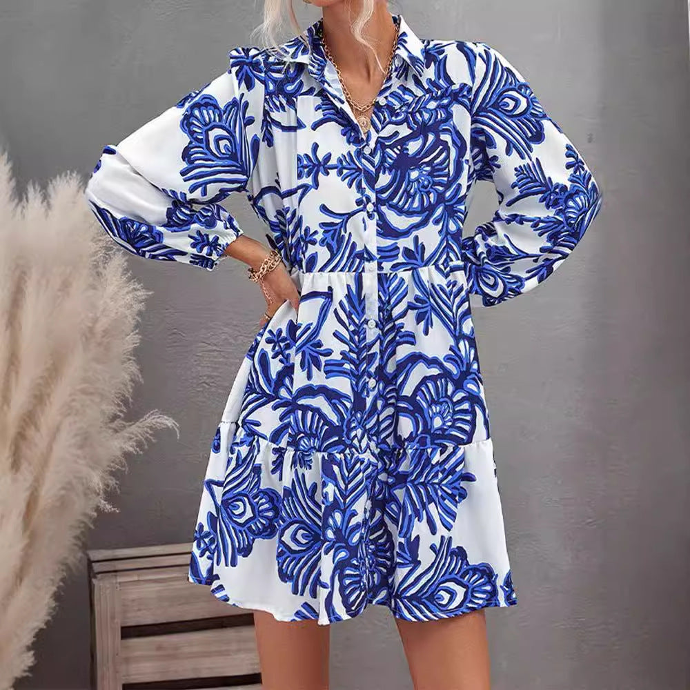Damen lässiges Hemdkleid mit voluminösen Ärmeln und durchgehendem Knopfverschluss EB