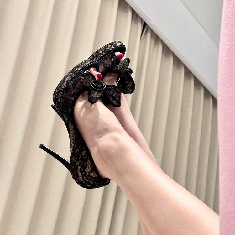 Damen Spitzen High Heel Pumps mit Schleifenakzent EB