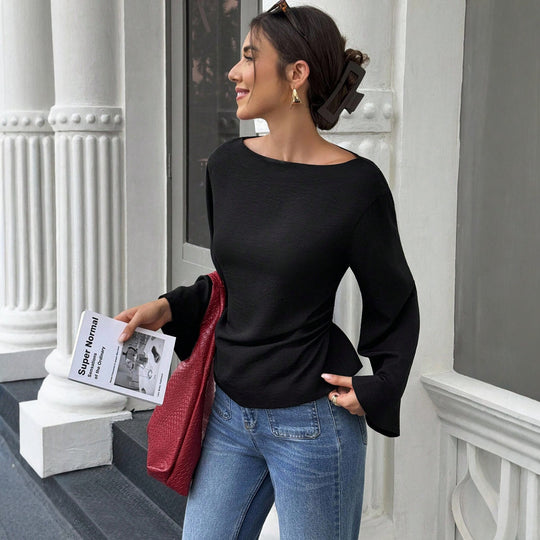 Damen Bootneck-Langarmshirt mit weitem Manschettenärmel und figurbetonter Seitennaht Eichborn Berlin