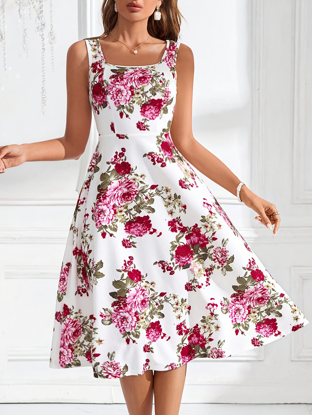Damen Fließendes Blumenkleid mit weitem Rock und eleganter Taillierung EB