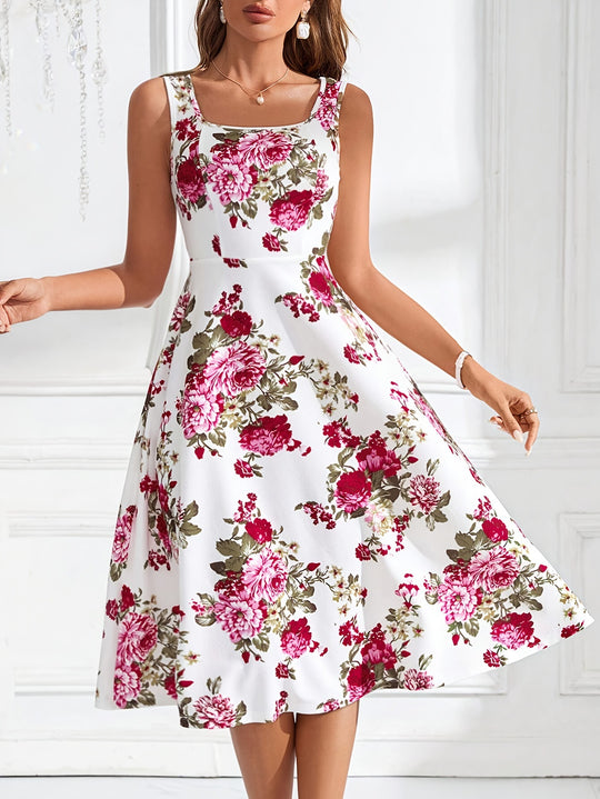 Damen Fließendes Blumenkleid mit weitem Rock und eleganter Taillierung EB