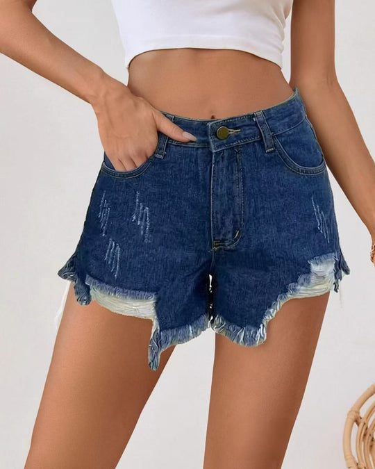 Damen modische Destroyed Denim-Shorts mit fransigem Saum EB