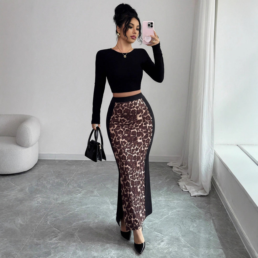 Damen nan taillierter Bleistiftmidirock mit Animal-Print-Mittelbahn und seitlichem Oberschenkel-Schlitz EB