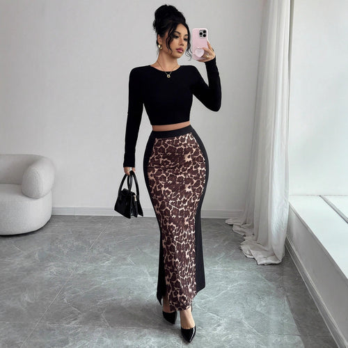 Damen nan taillierter Bleistiftmidirock mit Animal-Print-Mittelbahn und seitlichem Oberschenkel-Schlitz EB