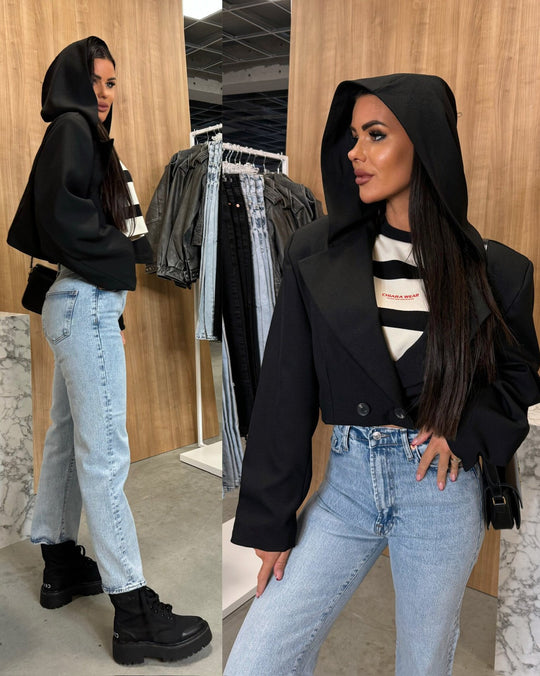 Damen Modische Jacke mit Kapuze und doppelter Knopfleiste EB