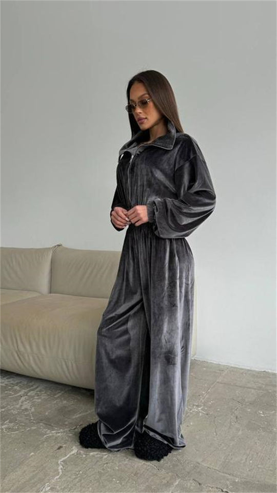 Damen Velours-Overall mit Reißverschluss, elastischem Taillenbund und weitem Palazzo-Bein EB