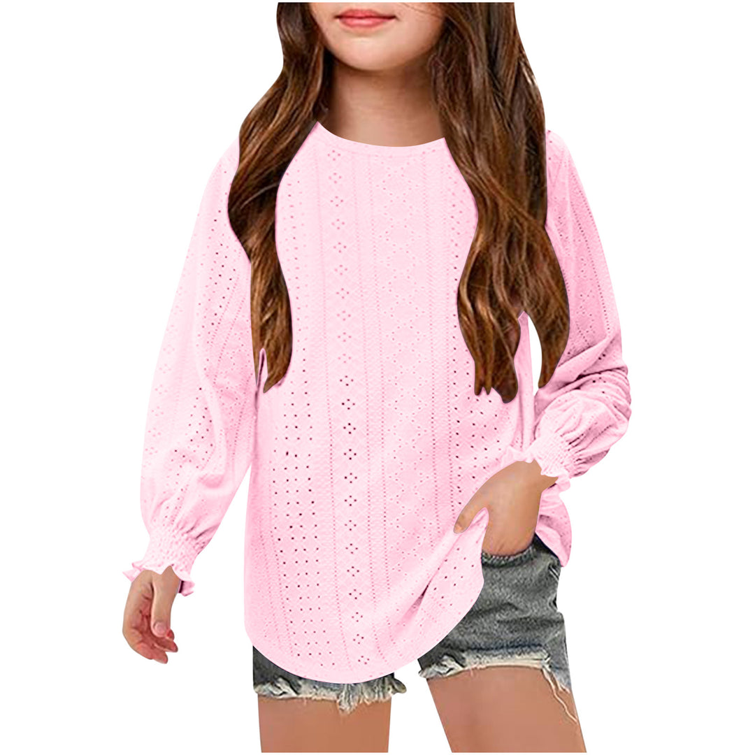 Damen Ajourgestricktes Oversize-Pullover-Shirt mit Ballonärmeln und Rüschenbündchen EB