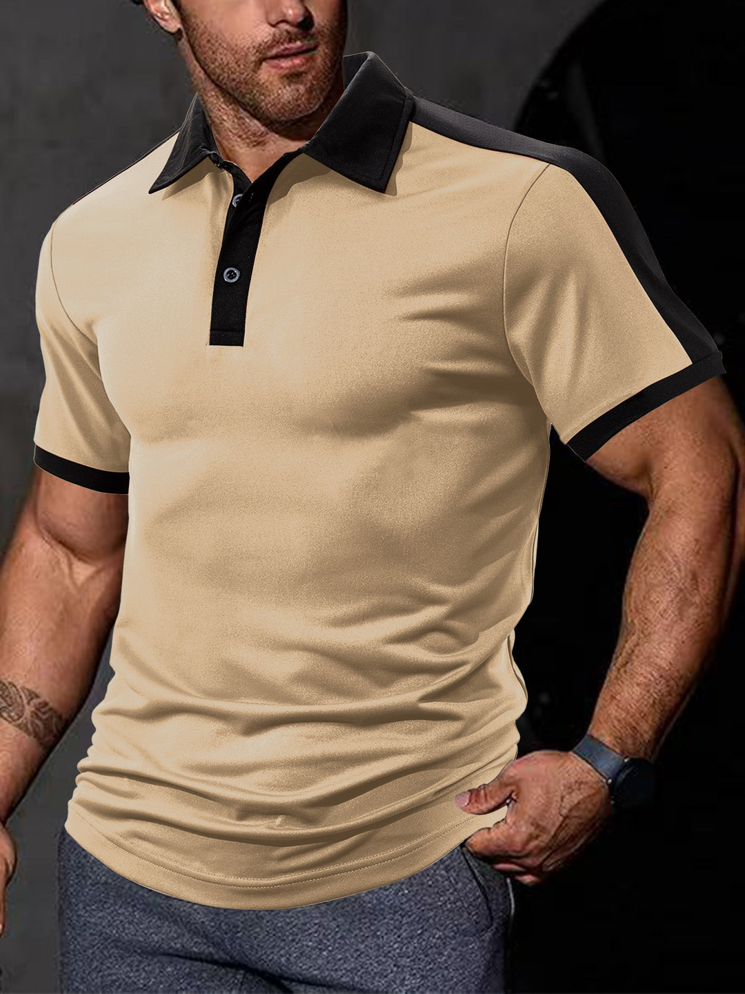 Herren nan figurnahes Kontrast-Poloshirt mit Schulterpasse und Hemdkragen EB