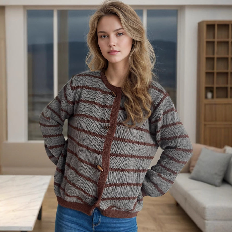 Damen gestreifte Strickjacke mit hochwertigen Holzknöpfen und rundem Ausschnitt EB
