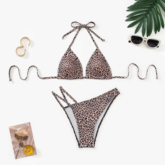 Damen Triangel-Bikini mit verstellbaren Trägern und modischem Leopardenmuster EB
