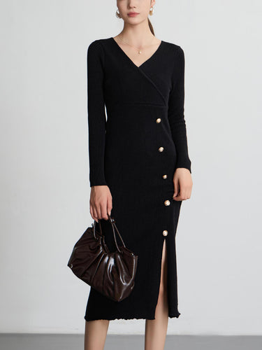 Damen Strickkleid mit Wickeloptik und Knopfdetails EB