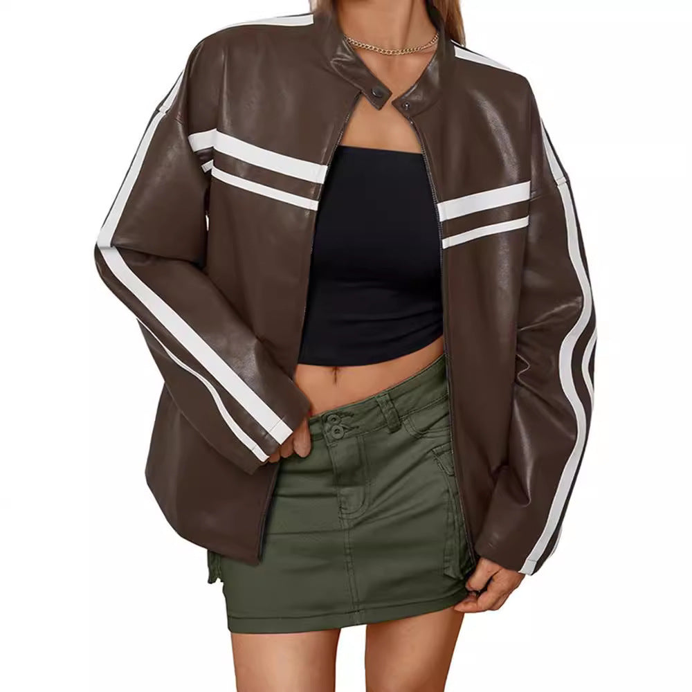 Damen Kunstlederjacke mit sportlichen Streifen EB