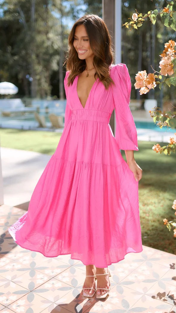 Damen Langarm Maxikleid mit tiefem V-Ausschnitt und weitem Rock EB