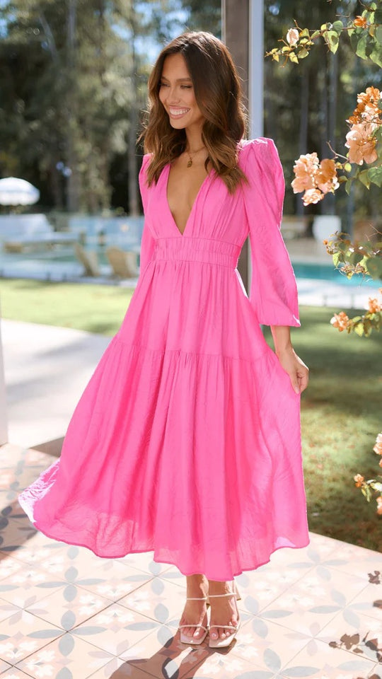 Damen Langarm Maxikleid mit tiefem V-Ausschnitt und weitem Rock EB