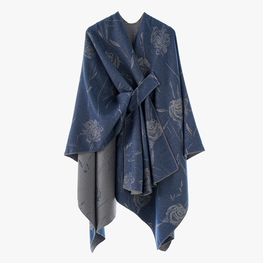 Damen Beidseitig tragbarer Jacquard-Überwurf mit Rosenmuster und Bindegürtel EB