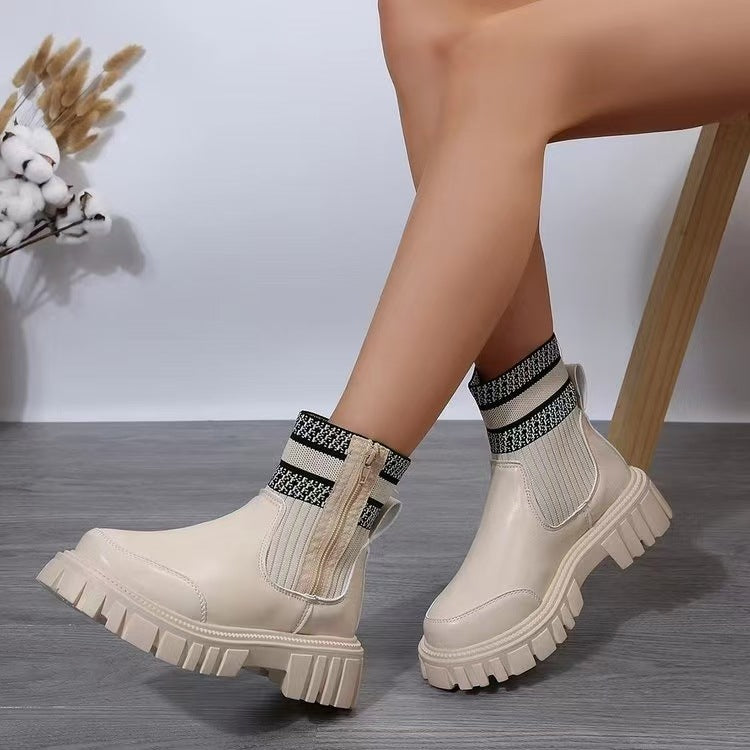 Damen Biker-Stiefel mit elastischem Strickansatz und robustem Profil EB