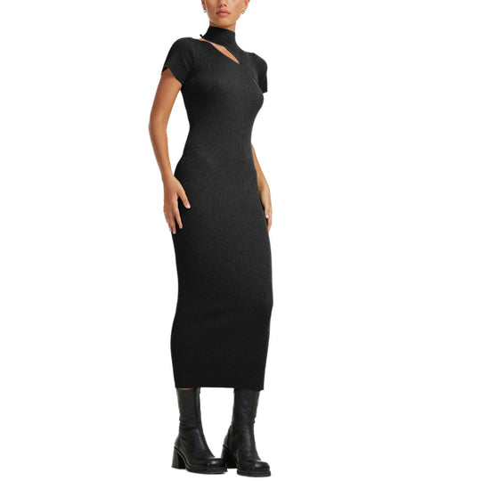 Damen figurbetontes Strickkleid mit asymmetrischem Ausschnitt und hohem Kragen EB
