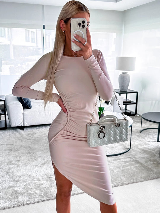 Damen figurbetontes Langarmkleid mit asymmetrischem Schnitt und Raffungen EB