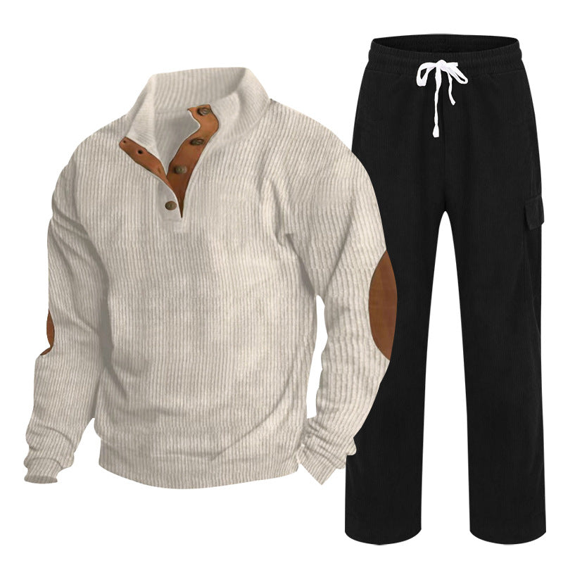 Herren nan strukturiertes Cord-Henley-Loungewear-Set mit Ellenbogenpatches und Cargo-Jogpant EB