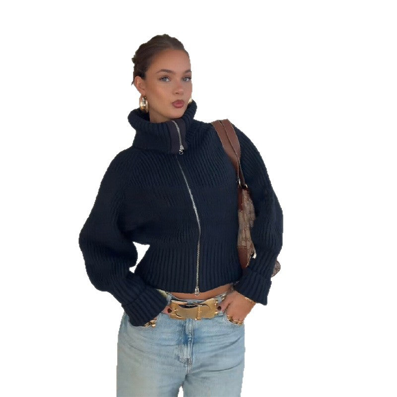 Damen Strickjacke mit hohem Kragen und modischem Reißverschluss EB