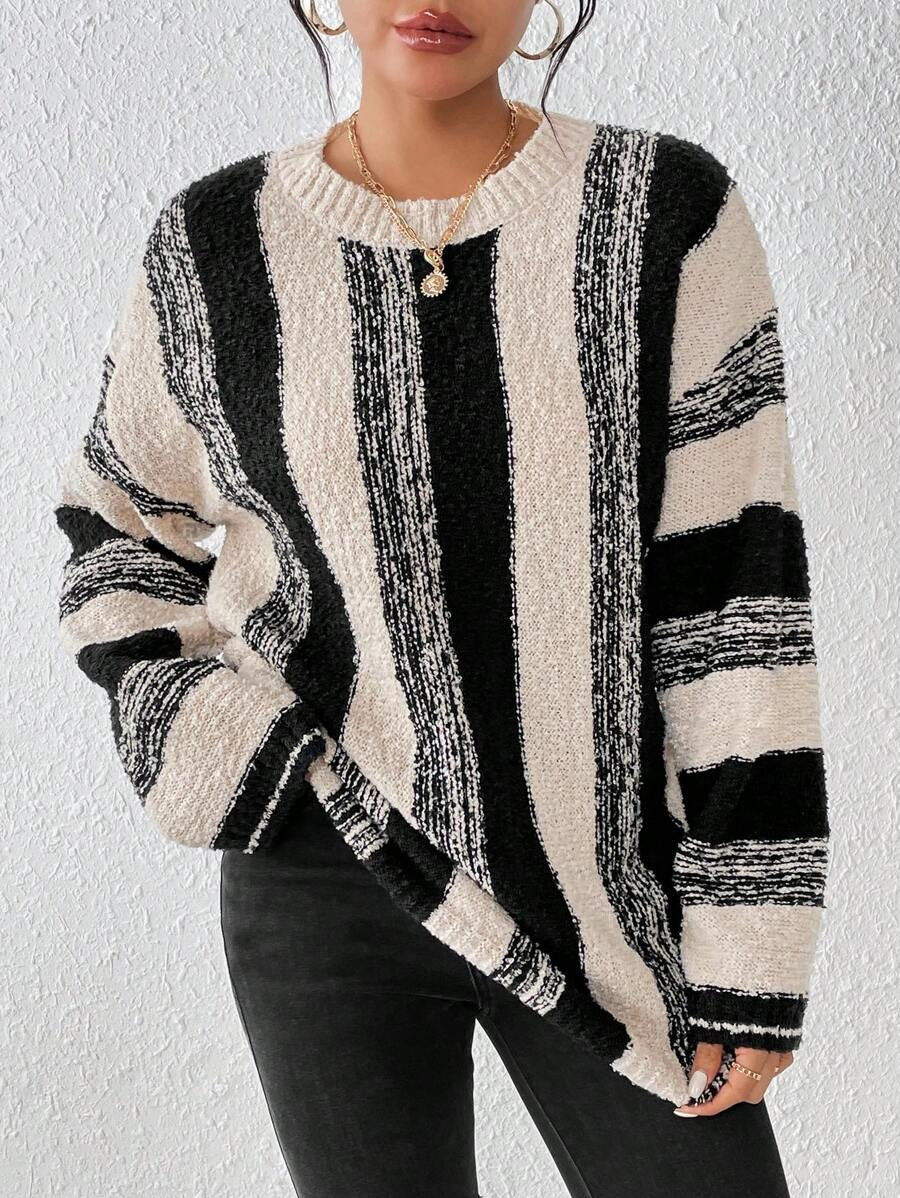 Damen Grober Strickpullover mit auffälligem Streifenmuster und lockerer Passform EB